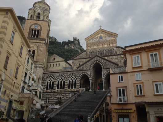 Amalfi  has the glamour of the once glorious maritime Republic, the Duomo di St Andrea was founded in the 9th century and rebuilt in Romanesque style in the 11th century.  The campanile is is decorated with Arabic like interlaced arches, typical of the Southern Italian  