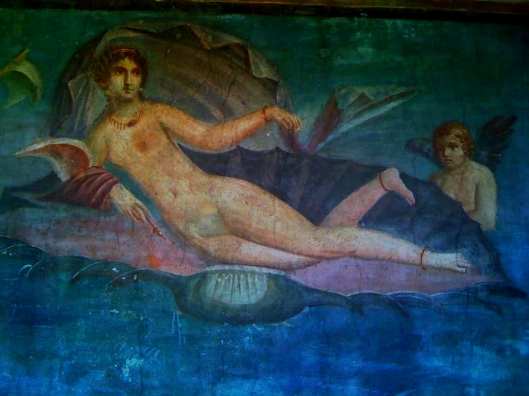 The Goddess of Love.  Is one of my favorite frescoes inside the many houses of Pompeii.  This fresco was discovered in 1952 located on the back wall of the garden, it portrays Venus with 2 cherubs in a pink seashell.